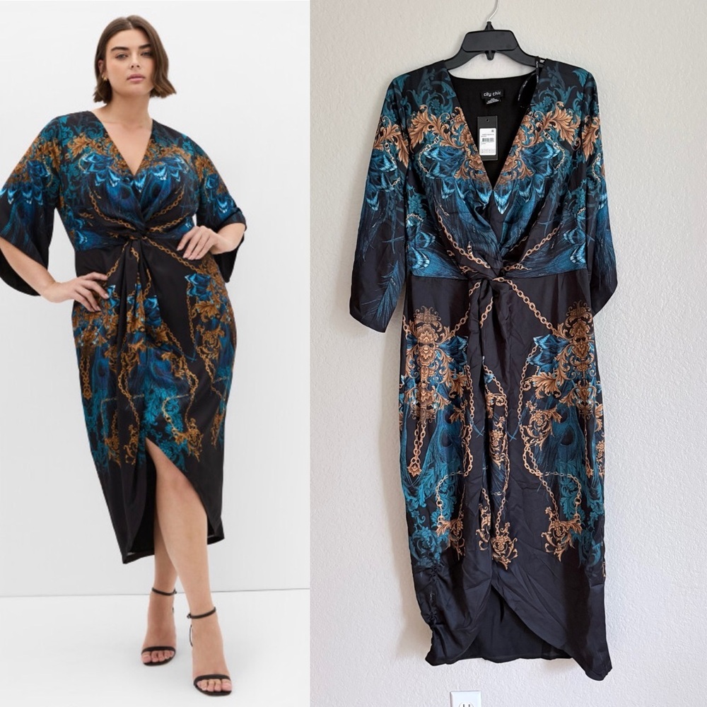 City Chic Plus Size Black Priscilla Blue Patterned Satin Midi Dress